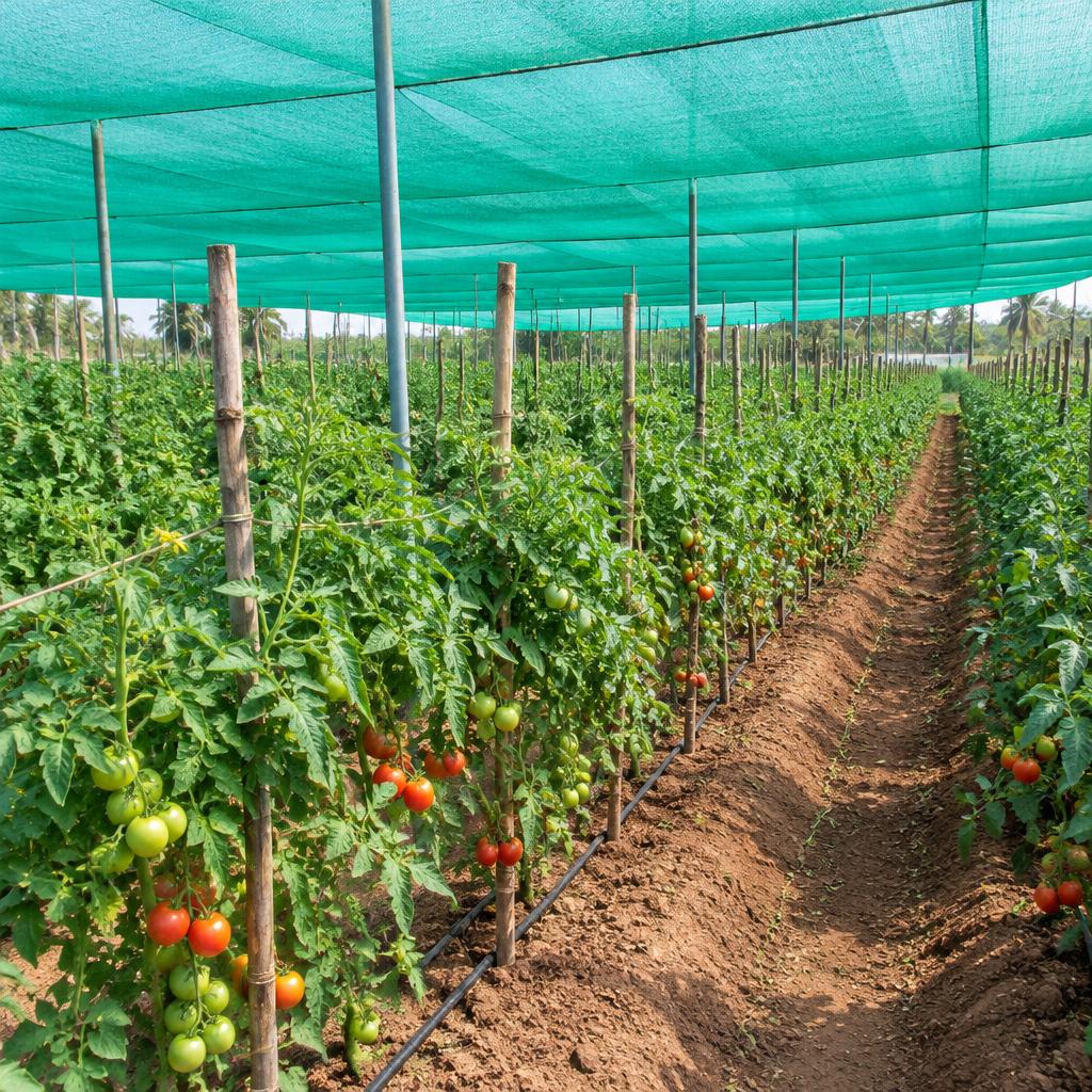 Vegetable farm covered with green shade net